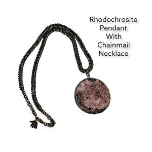 Rhodochrosite Pendant Necklace Chainmail Gunmetal #N37
